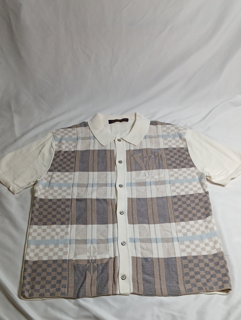 Louis Vuitton Cream, Beige and Light Blue Checkered Short Sleeve Polo
